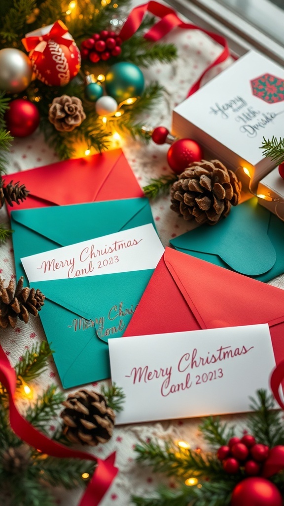 A festive display of Christmas cards and envelopes with elegant handwriting and holiday decorations.